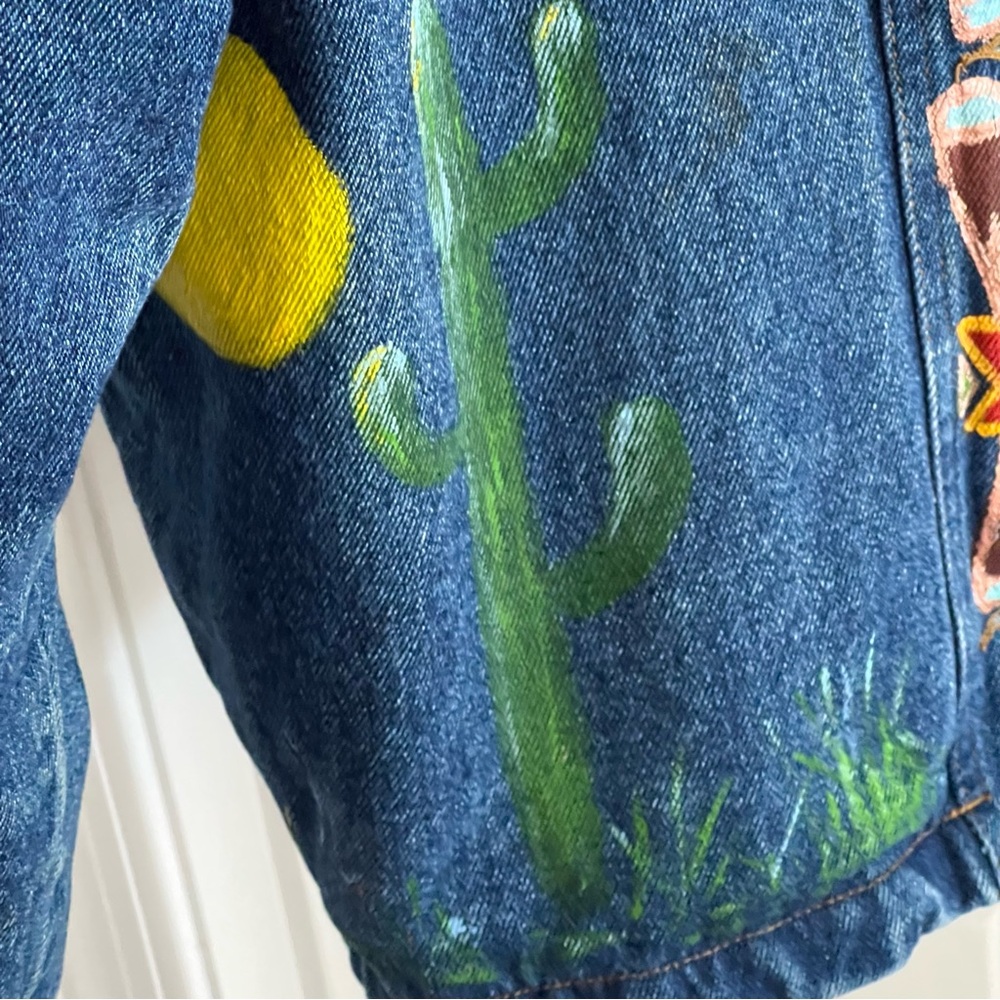 Hand Painted Vintage Ruff Hewn Denim Jean Jacket Southwest Aztec Desert Cactus S - Picture 7 of 16
